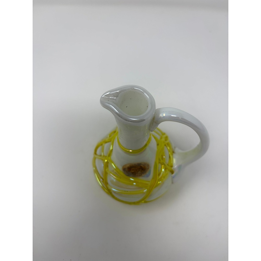 Vintage 1984 Gibson Glass White Opalescent Iridescent Yellow Threaded Cruet - Picture 5 of 6